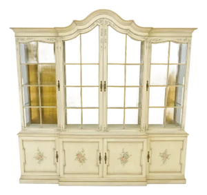 Large 88" Wide Beveled Glass Gold Leaf Back Paint Decorated Break Front Cabinet