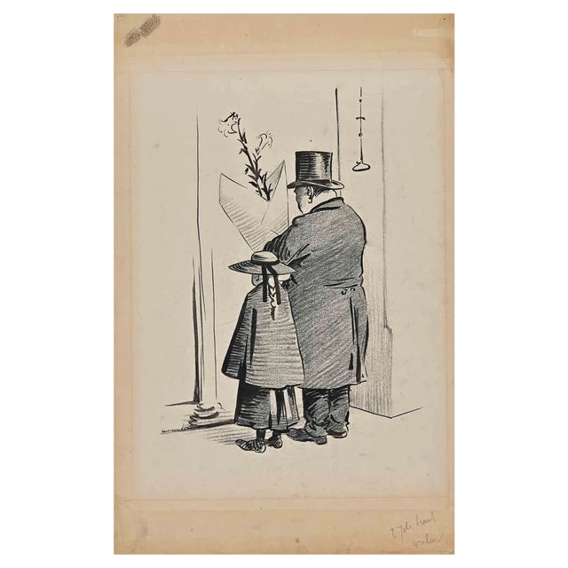 Hermann Paul, The Visit, Black Marker Drawing, Early 20th Century For Sale