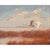 An American oil on canvas from around 1900 capturing a pair of swans in flight over a marsh, their wings raised mid-stroke...