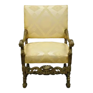 Early 20th Century Antique Italian Renaissance Carved Walnut Jacobean Gold Upholstered Arm Chair