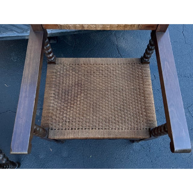 Brown 19th-C. French Louis XVIII Style Carved Walnut & Rush Bobbin Turned Arm Chairs - Pair For Sale - Image 8 of 9