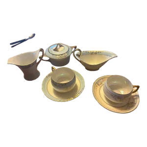 Meito Antique Porcelain Hand Painted Sugar Bowl, Creamer, Tea Cups, Creamer, Gravy Boat, Saucer Set- 8 Pieces