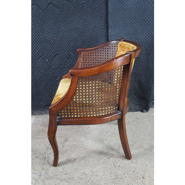 Mid 20th Century French Walnut Caned Tufted Velvet Barrel Back Bergere Club Lounge Armchair For Sale - Image 6 of 10