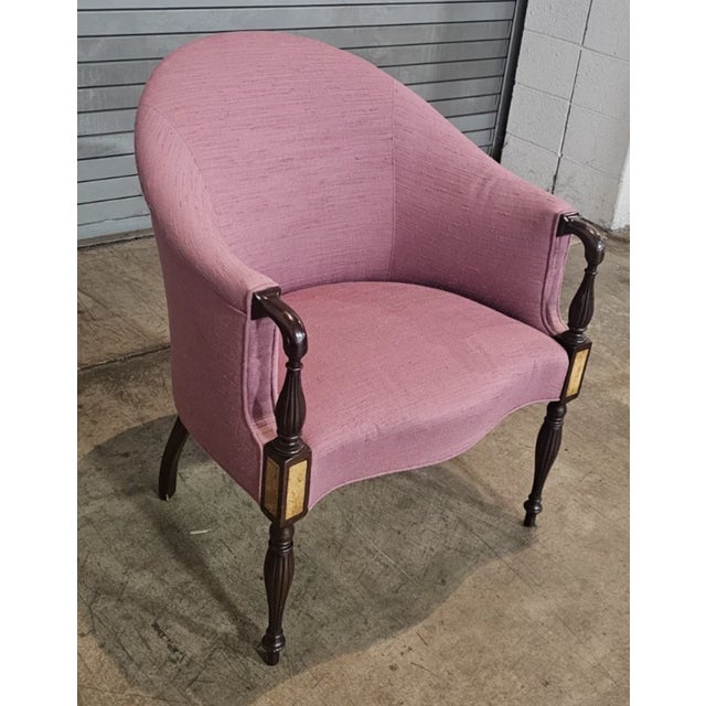 Traditional Mid 20th Century Share Sheraton Style Tub Arm Chair Mahogany Frame With Burl Maple Inlays For Sale - Image 3 of 8