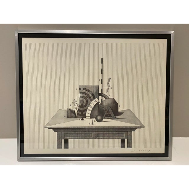 Modern print of various articles placed on a table. Signed illegibly and framed