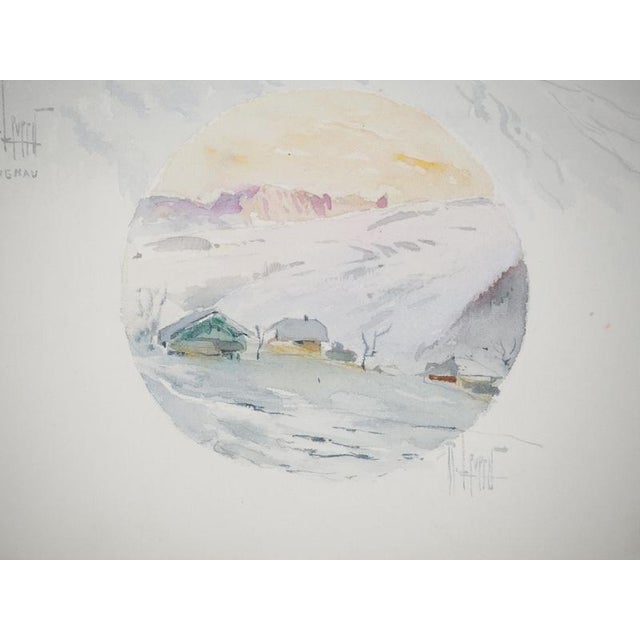 Modern René Leverd, Sledding at Sunset in Lagnau, Watercolor For Sale - Image 3 of 8