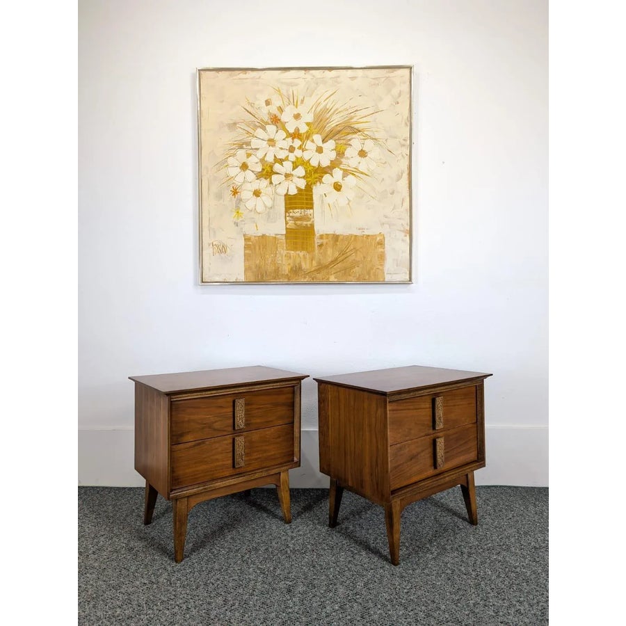1960s Pair of Walnut Mid-Century Modern Mayan Nightstands by Leo