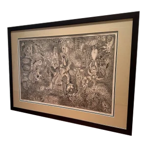 Vintage 1959 Large Original Surrealist Abstract Ink on Paper by Florence C Hopkins -Framed