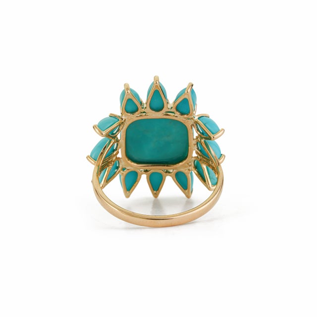 6.7ct Turquoise Sunburst Art Deco Vintage Ring in 14k Yellow Gold Size 4 For Sale - Image 9 of 16