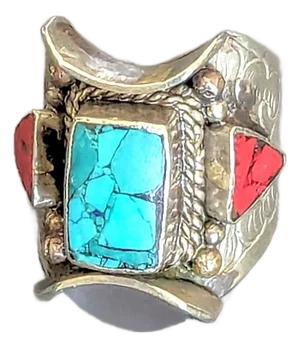 Vintage Turquoise and Coral Ring With Western Flair, Size 8