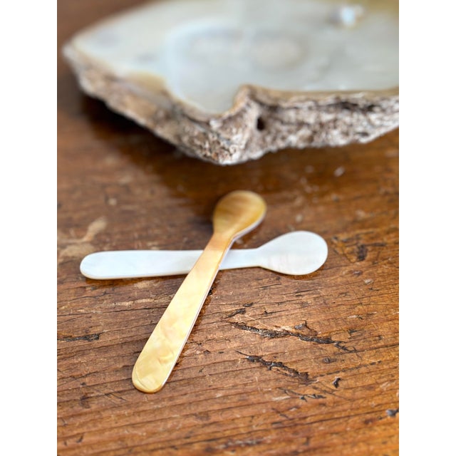 Vintage Mother of Pearl Caviar Serving Set Gold Lipped Shell Bowl With 2 Spoons For Sale In Columbus - Image 6 of 12