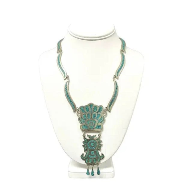 Mexican Alpaca Silver and Turquoise Inlay Necklace For Sale - Image 9 of 9