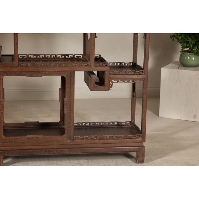 Pair of Late Qing Dynasty Brown Lacquered Display Shelves with Fretwork Motifs For Sale - Image 12 of 12