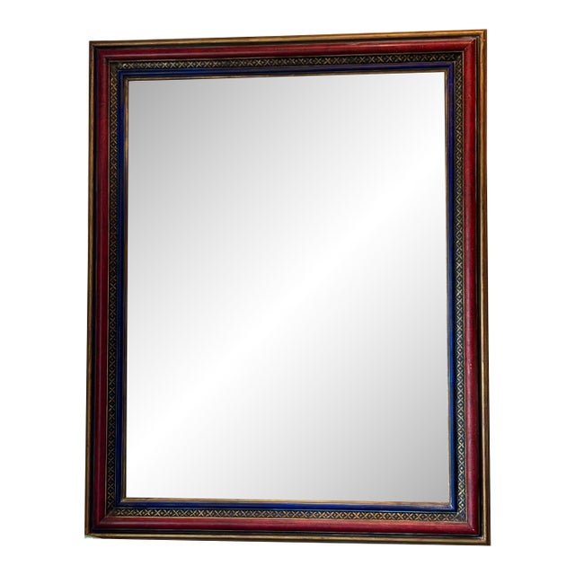 Hand-Painted Mirror With Red, Blue and Gold Decorative Frame For Sale