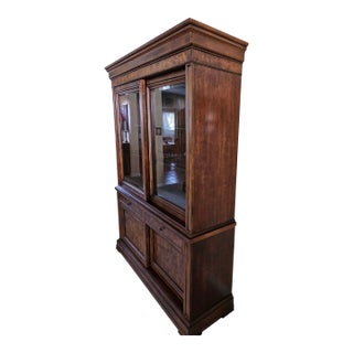 1990s Ethan Allen Townhouse China Cabinet Breakfront Sliding Door Burlwood Hutch Curio For Sale