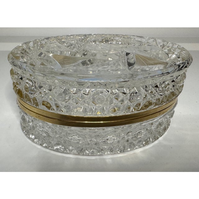 Glass Vintage Cut Crystal Hinged Jewelry Box With Gold Tone Ormolu Mount For Sale - Image 7 of 10