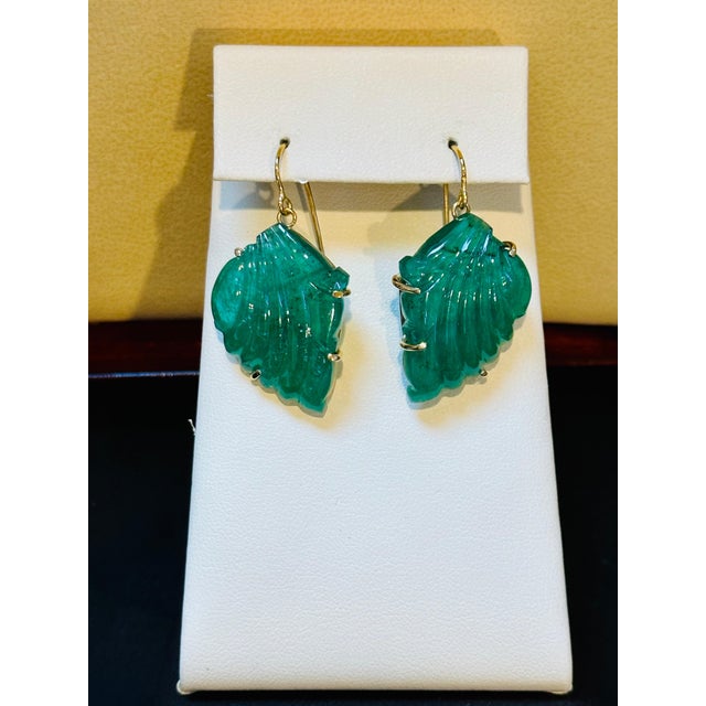 55 Ct Carved Emerald Leaf Shape Earrings 14 Kt Yellow Gold French Wire Earring For Sale - Image 4 of 18