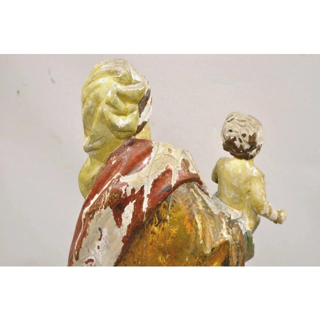 Antique Spanish Latin Polychromed Carved Wood Figure Madonna and Child Statue For Sale - Image 9 of 10