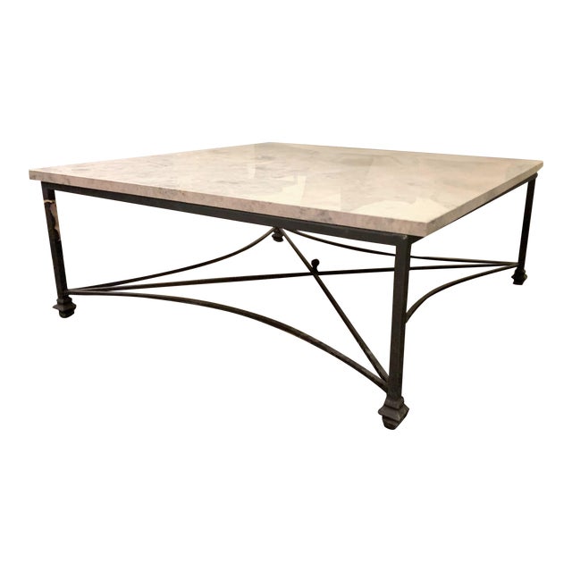 Bella Gray Stone Coffee Table With Flat Black Wrought Iron Base by Ella