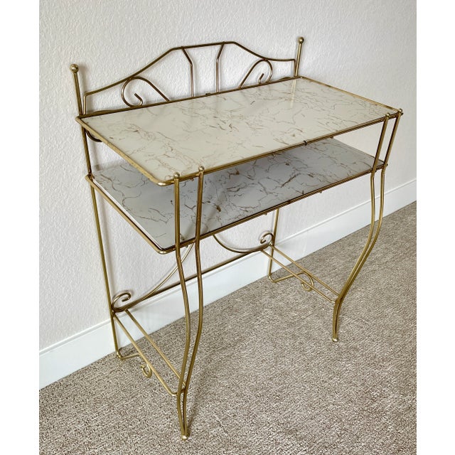 Hollywood Regency Mid Century Pearl-Wick Brass Bathroom Toiletry Stand With Marbleized Shelving For Sale - Image 13 of 13