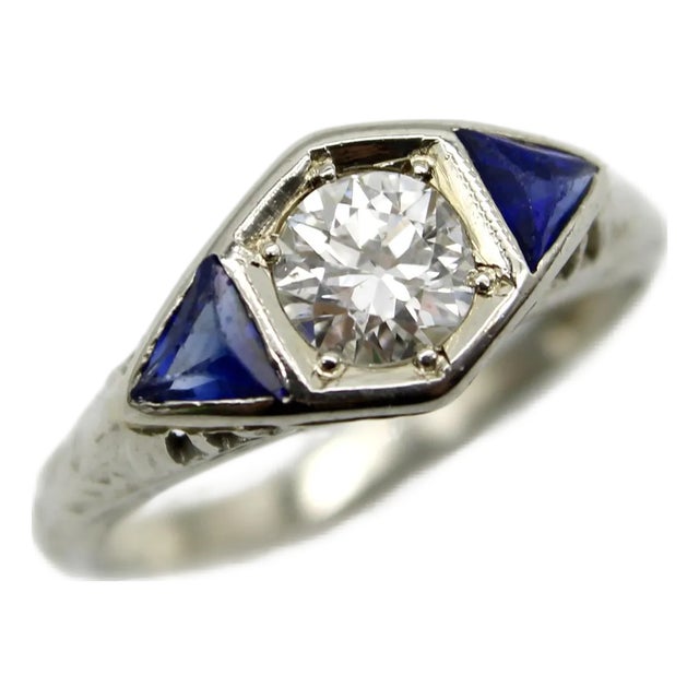 Art Deco 14k White Gold Diamond and Sapphire Ring, Size 4.5 For Sale