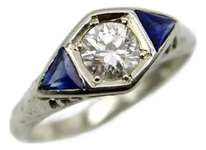 Art Deco 14k White Gold Diamond and Sapphire Ring, Size 4.5