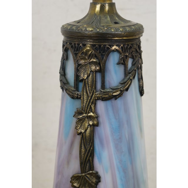 Metal Antique Victorian Aesthetic Arts Nouveau Stained Slag Glass Parlor Lamp 25" For Sale - Image 7 of 17