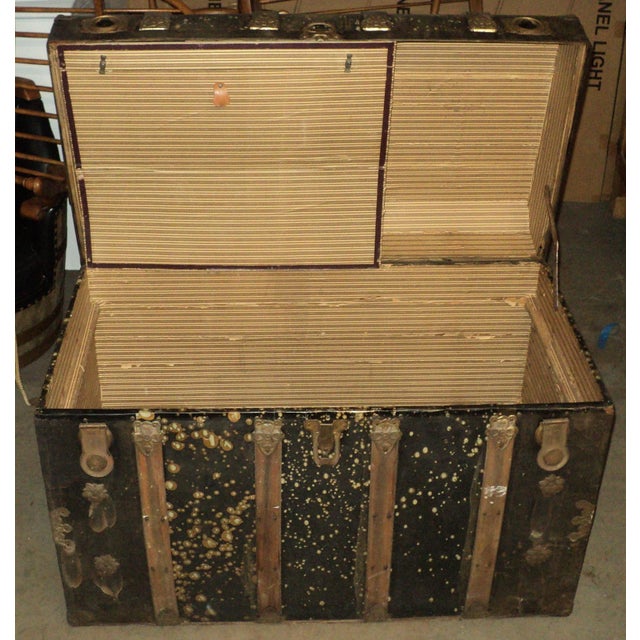 Antique Large Metal & Wood Steamer Trunk For Sale - Image 9 of 12