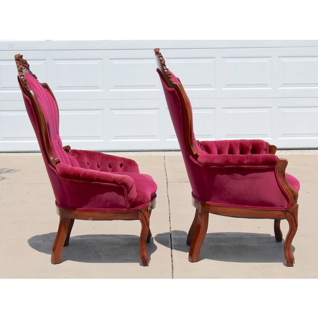 1960s Vintage Victorian Revival Mahogany His & Hers Parlor Chairs Red Velvet Pair For Sale - Image 5 of 18