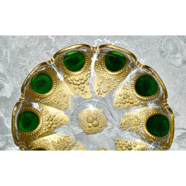 Vintage Pair of Bohemian Moser Style Dishes Etched Emerald & Gold Glass For Sale - Image 10 of 12