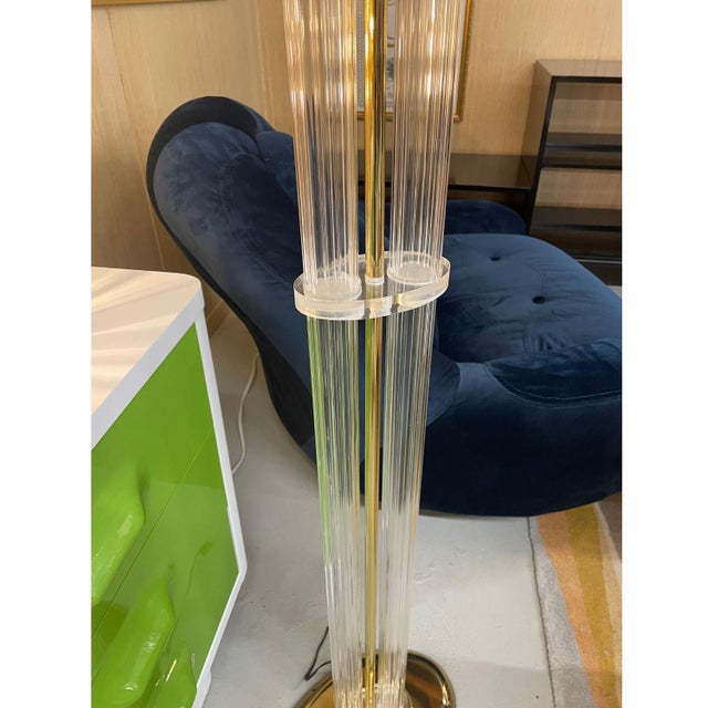 Transparent Art Deco Inspired Clear Acrylic Lucite and Gold Brass Torchiere Floor Lamp For Sale - Image 8 of 12
