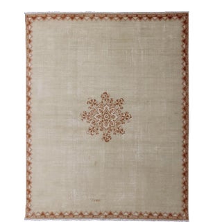 Large Vintage Moroccan Rug With Blossom Design in Ivory Background & Light Brown For Sale