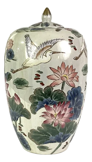 Ginger Jar-Hand Painted Porcelain With a Lotus and Crane Motif – Early 20th Century