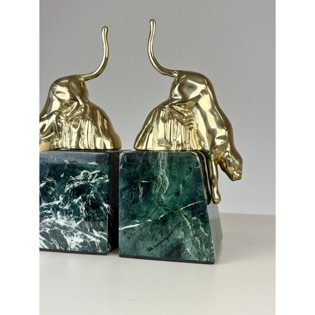 1980s Postmodern Hollywood Regency Brass Panther & Green Marble Bookends - A Pair For Sale - Image 4 of 5