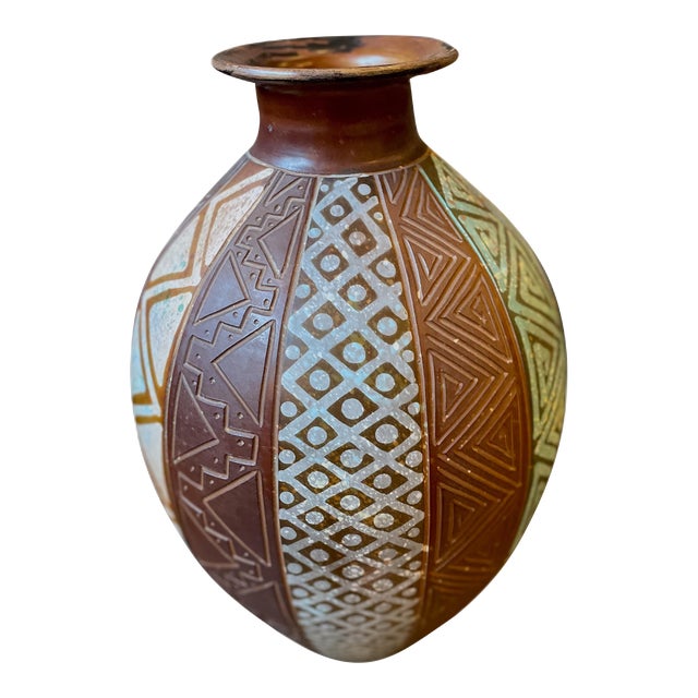 Handmade Artisan Signed Aztec Pattern Ceramic Pottery Vase | Chairish