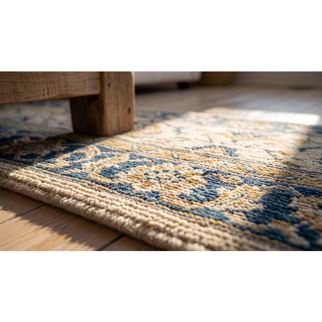 Superlative Navy Color Circles Forming a Cross in the Center on Beige Background Antique Chinese Peking Rug For Sale - Image 14 of 15