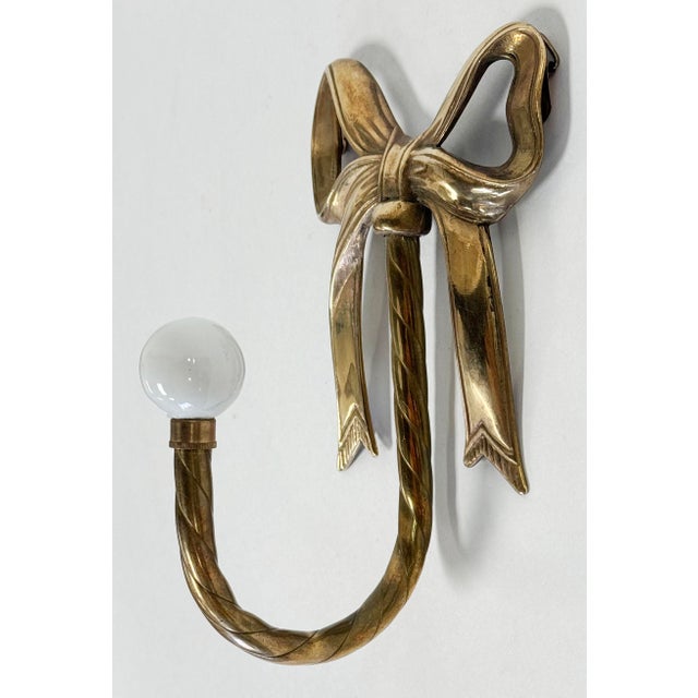 Mid 20th Century Vintage Brass Bow Wall Hook With Ceramic Knob For Sale - Image 5 of 7