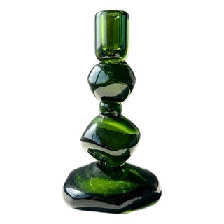 Hand Blown Emerald Green Stacked Glass Candlestick For Sale