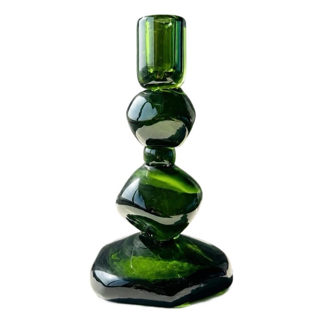 Hand Blown Emerald Green Stacked Glass Candlestick For Sale