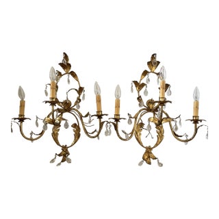 Vintage Italian Florentine Gilt Tole & Crystal Regency Wall Sconces - Pair For Sale