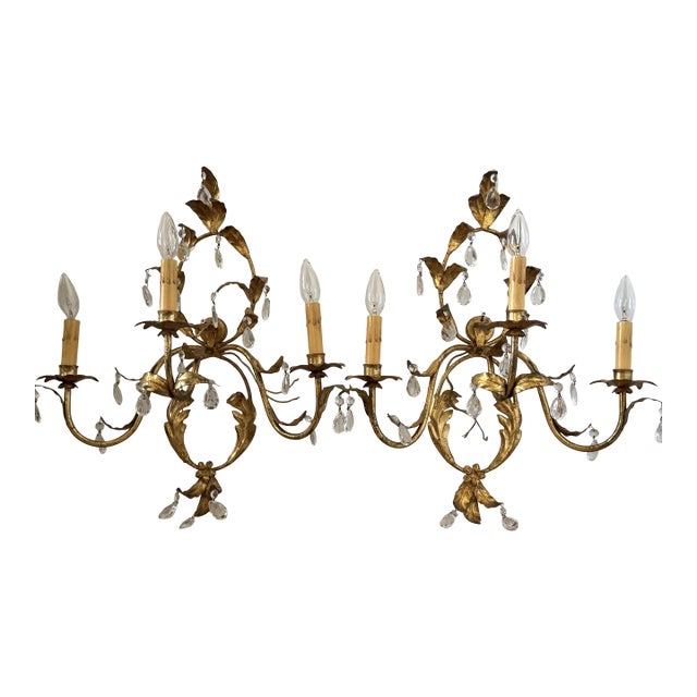 Vintage Italian Florentine Gilt Tole & Crystal Regency Wall Sconces - Pair For Sale