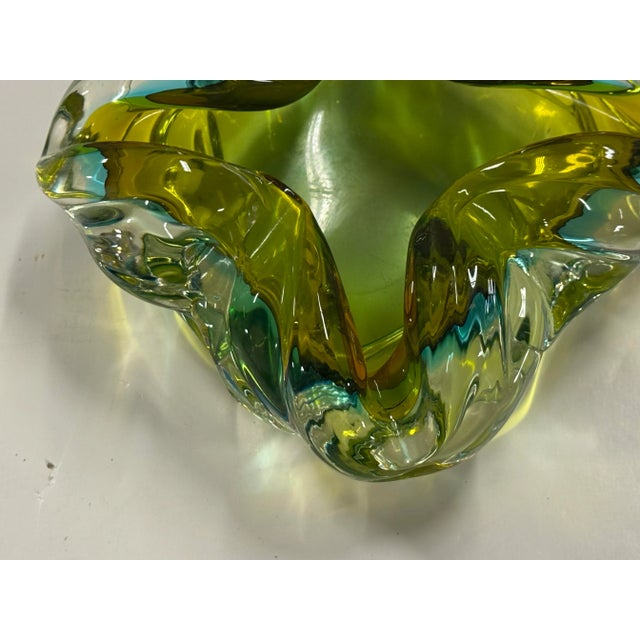 Blue Murano Style Hand Blown Green With Blue Ashtray For Sale - Image 8 of 12