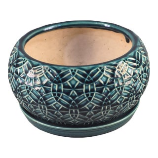 Vintage Glazed Pottery Teal, Green, Blue Planter Attached Under Plate For Sale