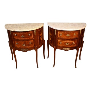1930s Pair French Louis XV Walnut and Satinwood Inlay & Marble Top Nightstands For Sale