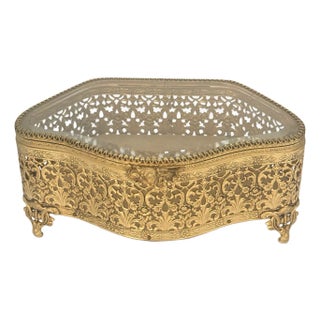 Large Antique Gilt Metal Jewelry Casket Beveled Glass Rococo Floral Box C1900 For Sale