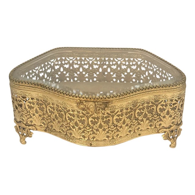 Large Antique Gilt Metal Jewelry Casket Beveled Glass Rococo Floral Box C1900 For Sale
