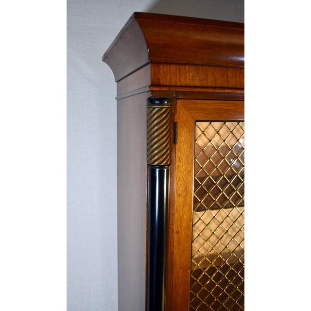 English Regency Mahogany Bookcase China Cabinet With Brass Lattice Doors For Sale - Image 10 of 12