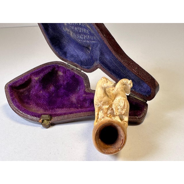 French Antique Meerschaum Pipe, Carved Horses, with Original Case For Sale - Image 3 of 8