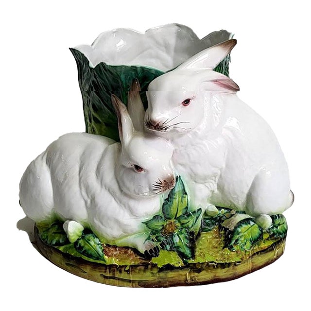 Large Italian Majolica Bunny Rabbits Jardiniere Planter - Signed Made in Italy For Sale