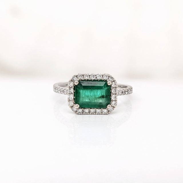 1.2ct East West Emerald Ring W Natural Diamonds in Solid 14k White Gold Em 8x6mm, Size 6.75 For Sale - Image 4 of 8